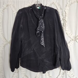 Rixo London Silk Moss Long Sleeve top black gemstone tie neck Size Small